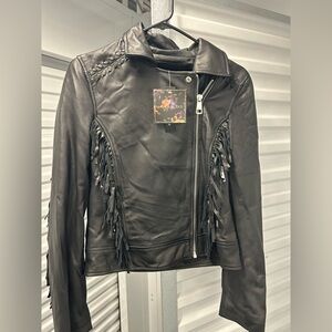 Amaryllis Black Leather Moto Assyria Fringe Biker Western Jacket Medium NEW